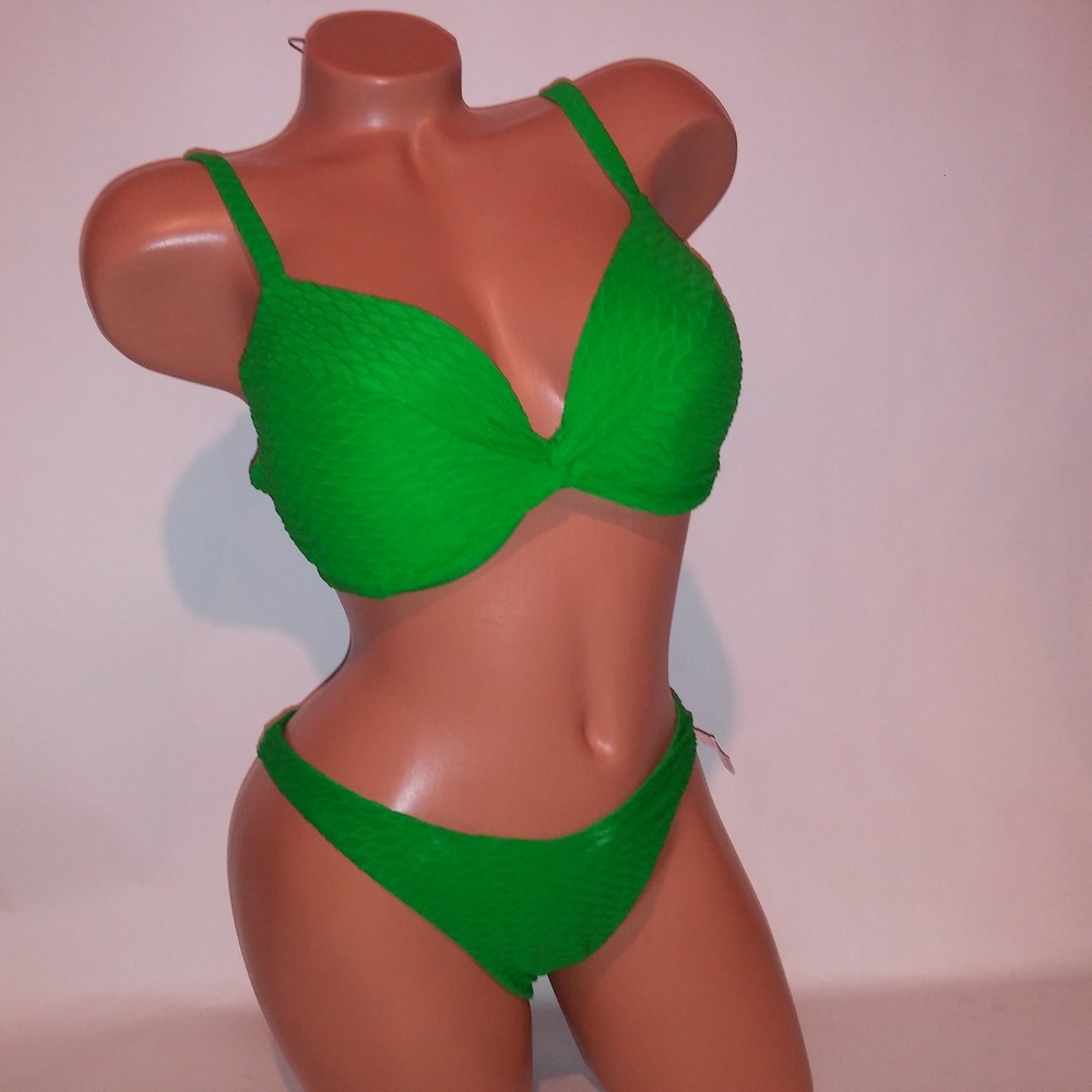 Victoria Secret Swim Bikini 36D Top Small Brazilian Bottom Green Push Up Texture